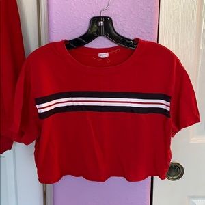 ❤️ red cut off shirt with black & white stripe ❤️